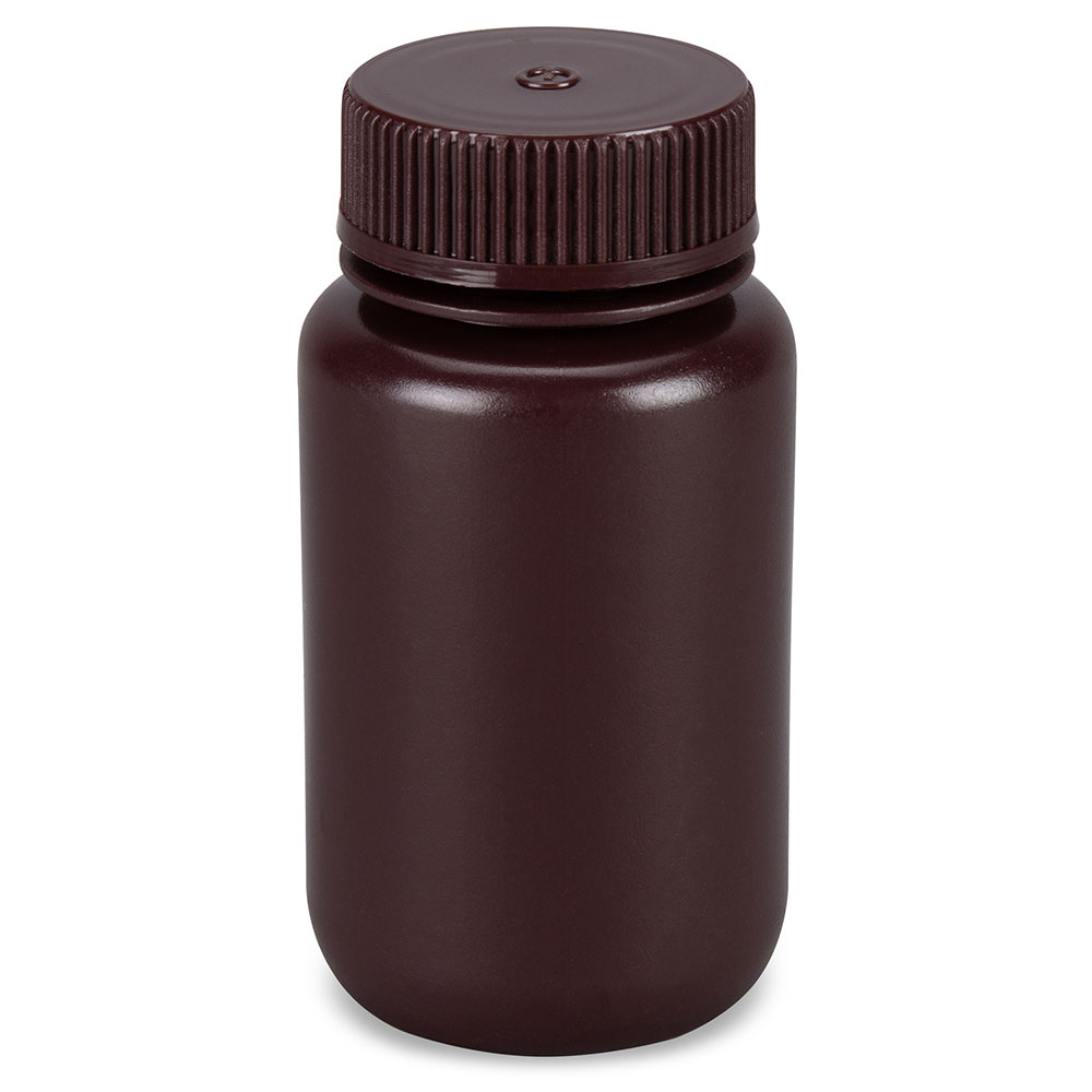 Globe Scientific Bottle, Wide Mouth, Round, Amber HDPE with Amber PP Closure, 125mL, Bulk Packed with Bottles and Caps Bagged Separately, 500/Case Bottle;Round;HDPE;125mL;Wide Mouth;Amber